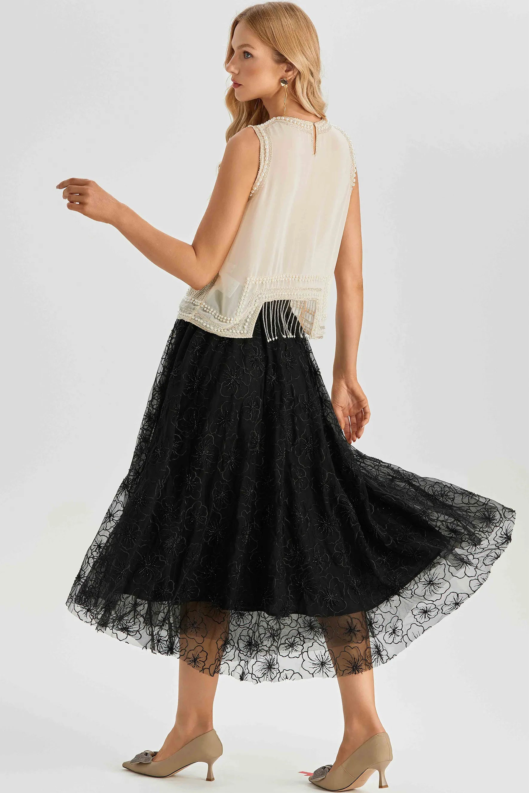 Alina - Sleeveless Pearl Trim Fringe Top