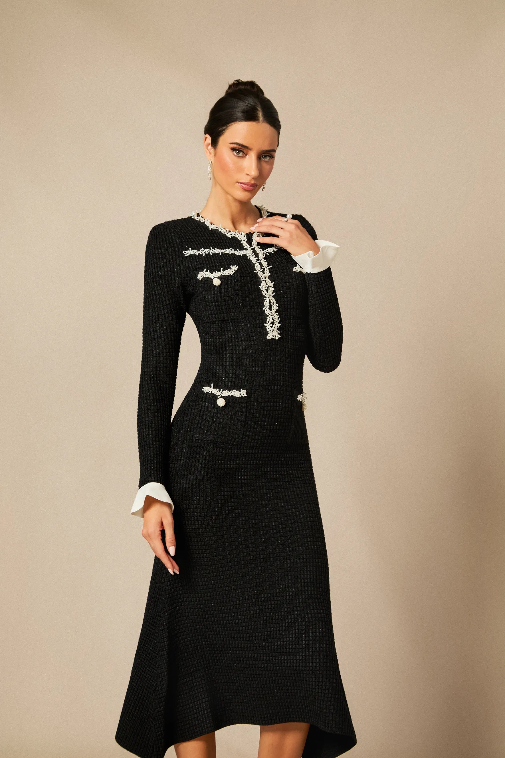 Angie - Black Pearl Knit Midi Dress