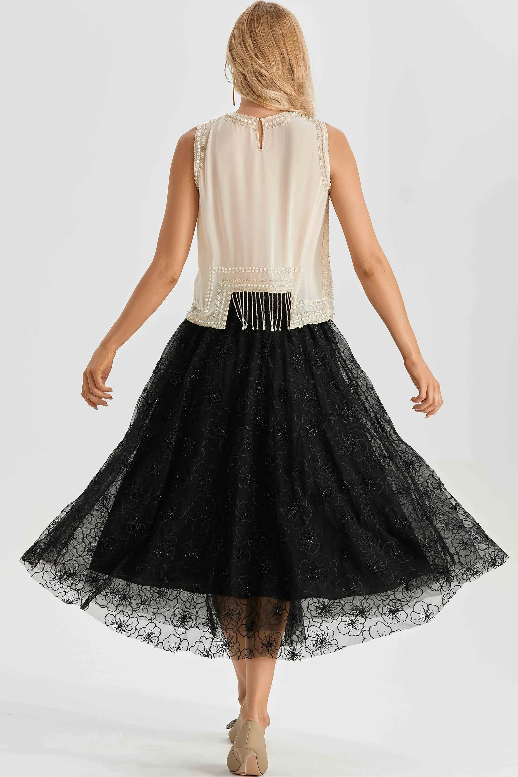 Alina - Sleeveless Pearl Trim Fringe Top