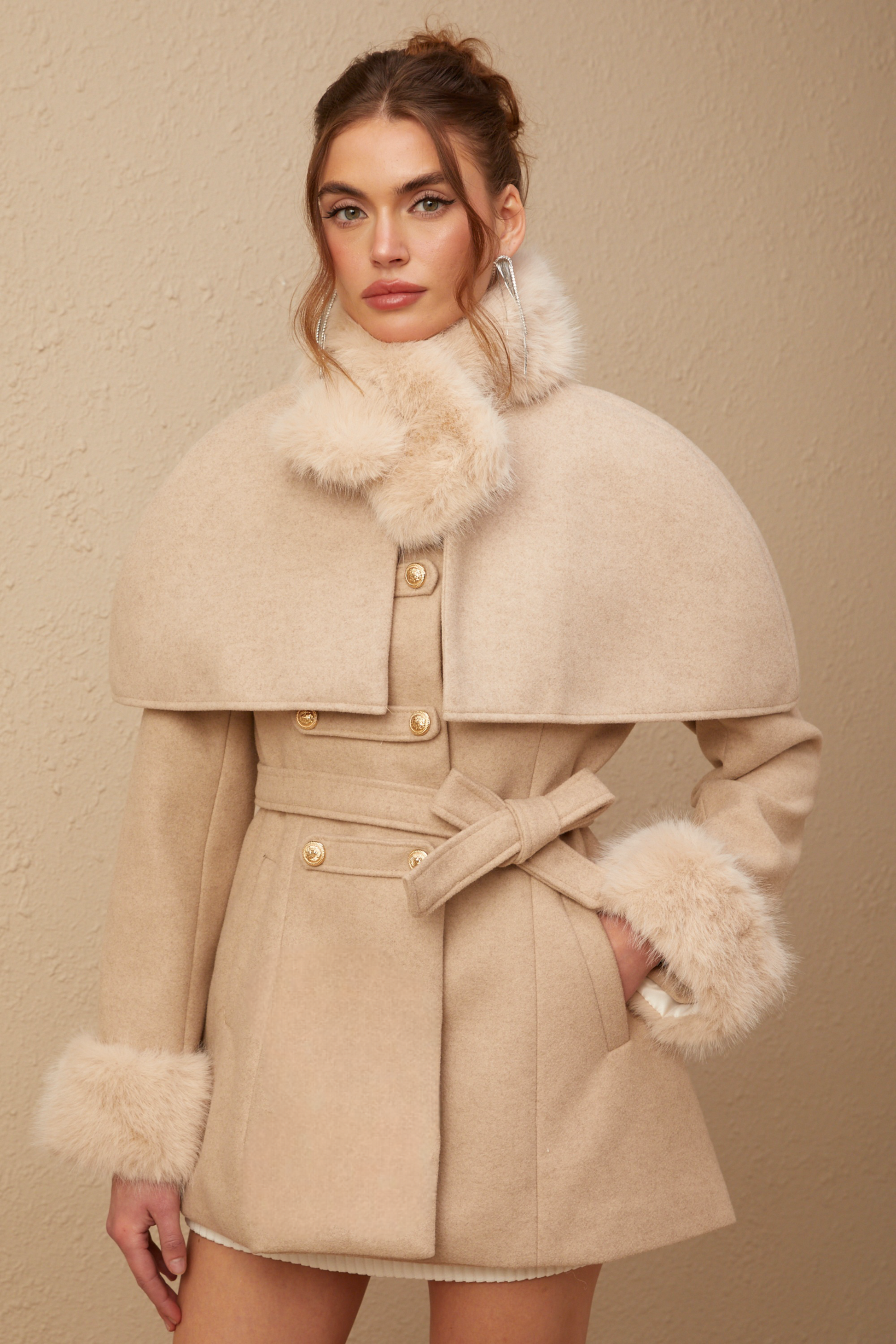 Kendall - Detachable-cape Faux-fur Coat
