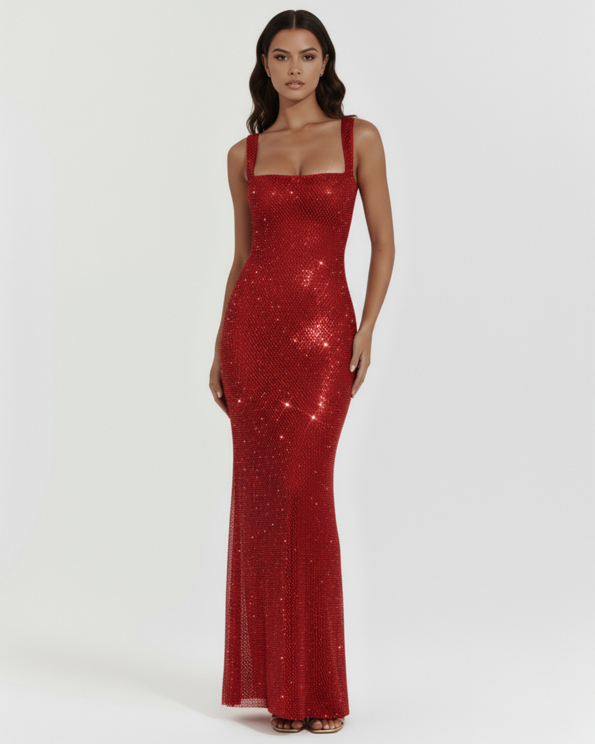 Isabella Red Sparkling Rhinestone Maxi with Square Neckline