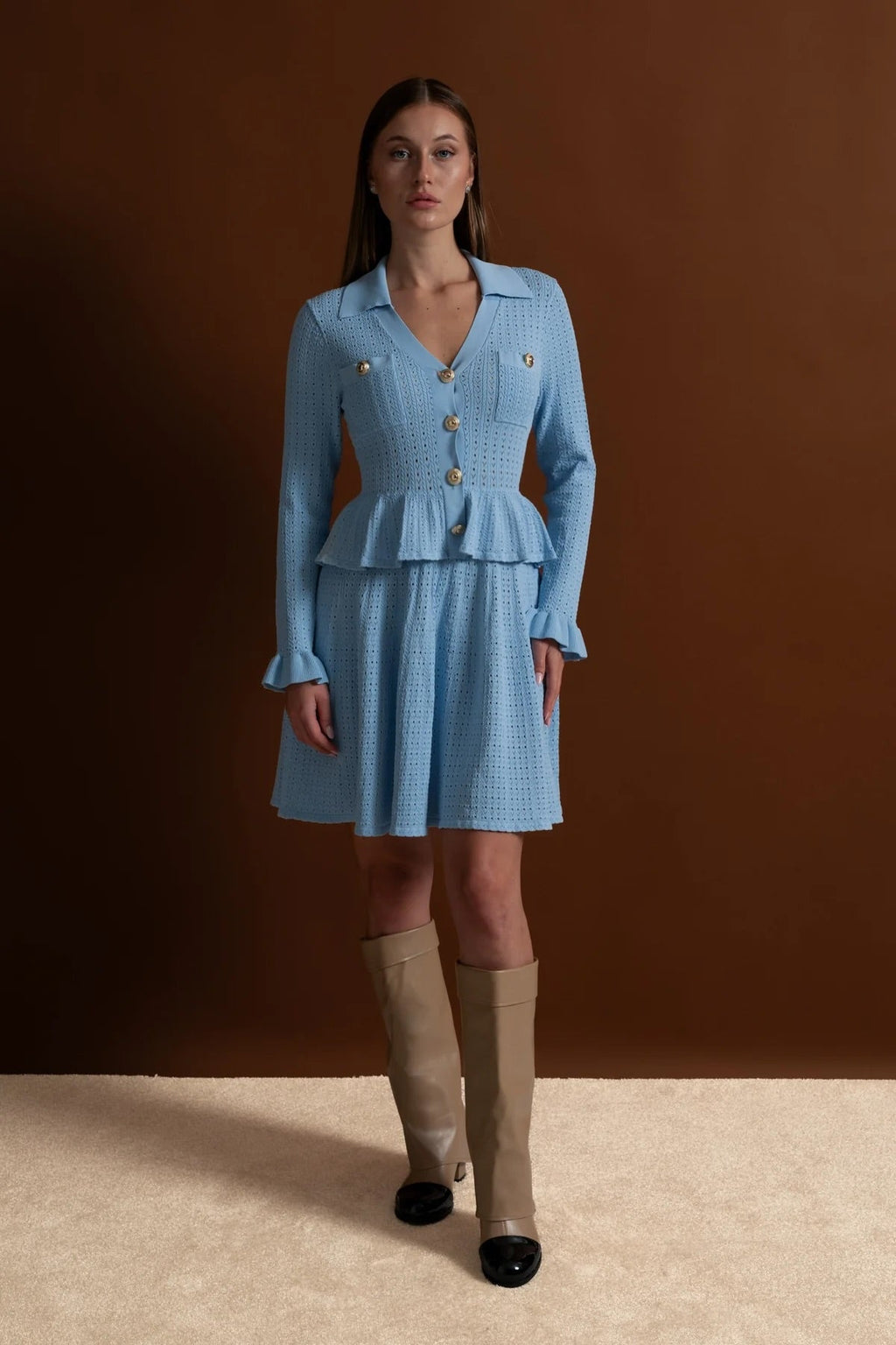 Knit Mini Dress with Peplum Waist and Gold Button Detail - Light Blue