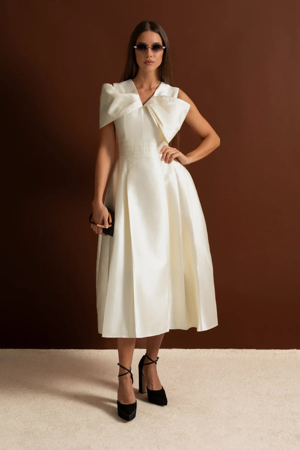 Off-Shoulder Satin Midi Dress With Draped Bow Detail