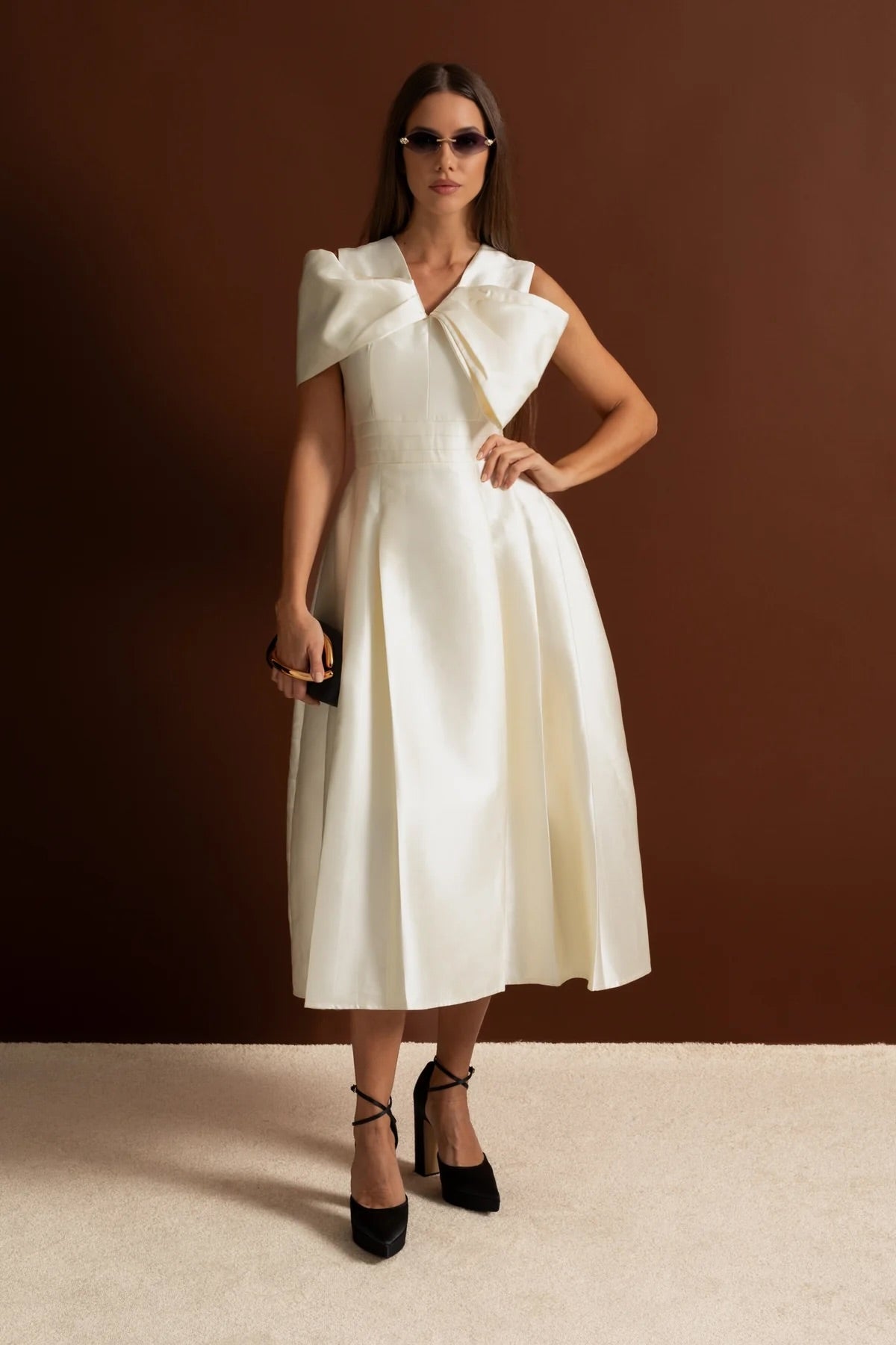 Off-Shoulder Satin Midi Dress With Draped Bow Detail
