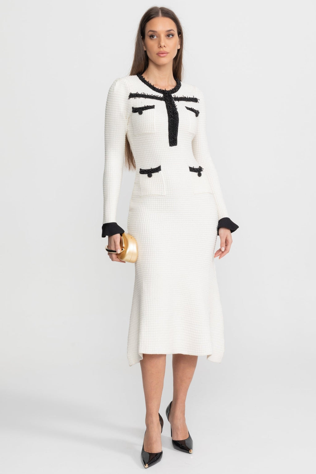 Textured Midi Dress with Contrast Embroidered Trim – Ivory