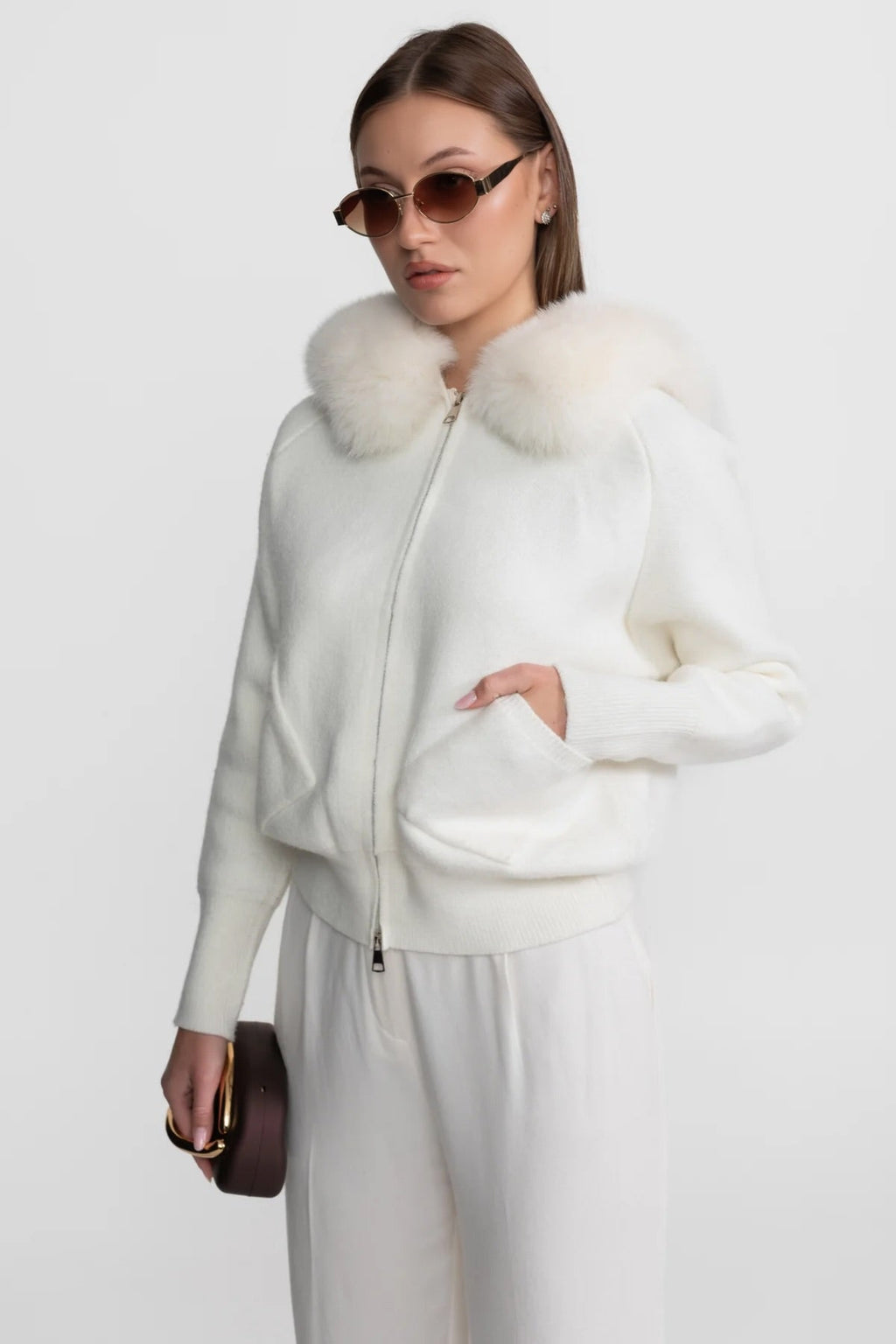 Zip-Up Wool Hoodie With Fox Fur Collar – White