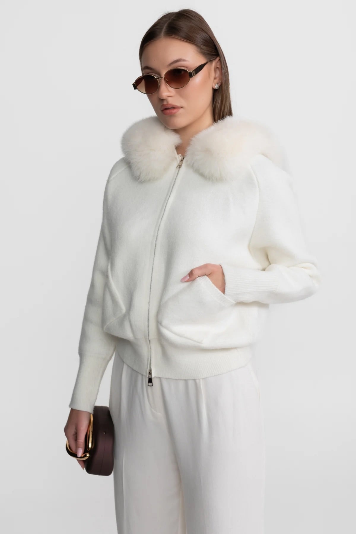 Zip-Up Wool Hoodie With Fox Fur Collar – White
