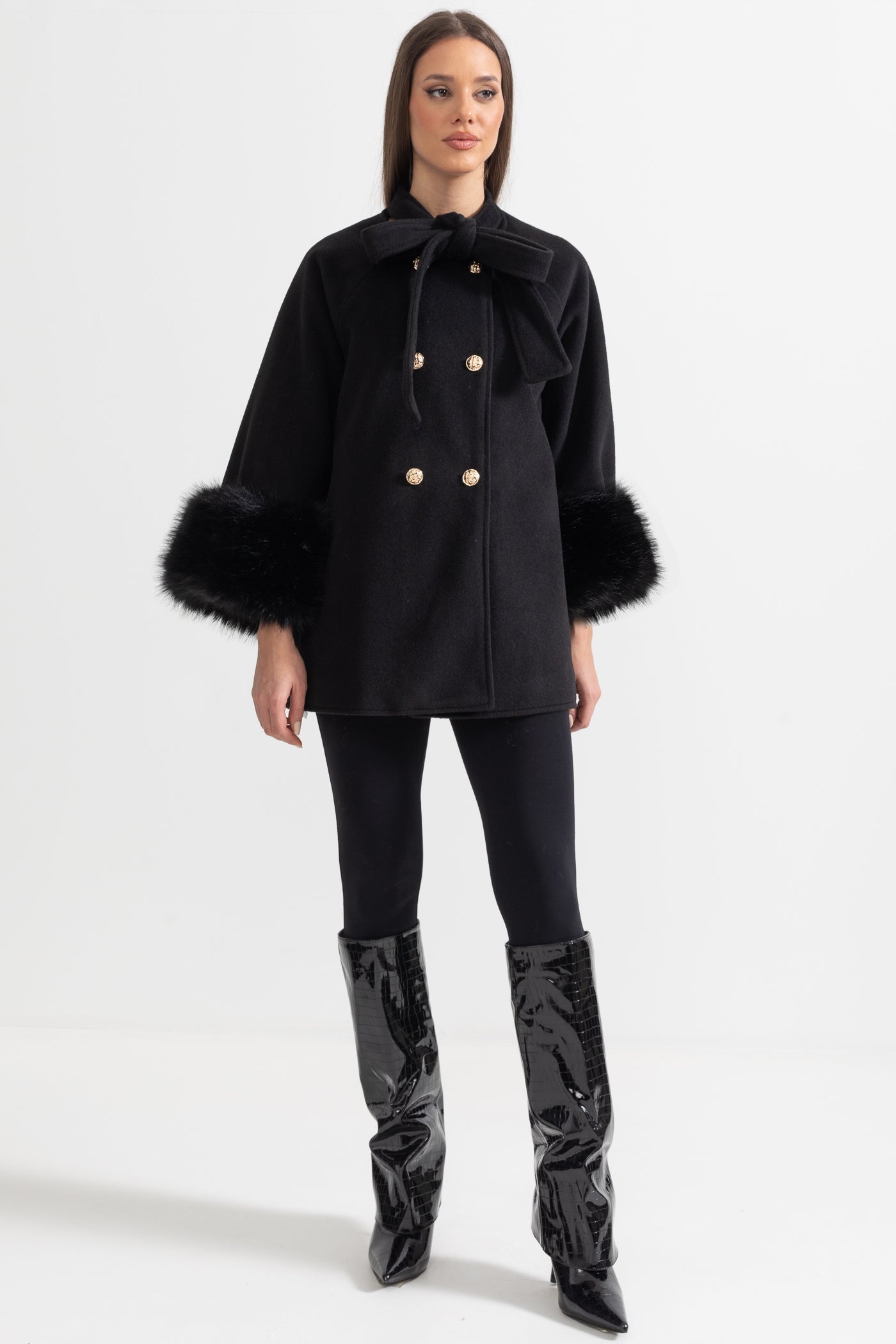 Natasha - Overcoat With Fur Cuff Accents And Neckline Ribbon - Black