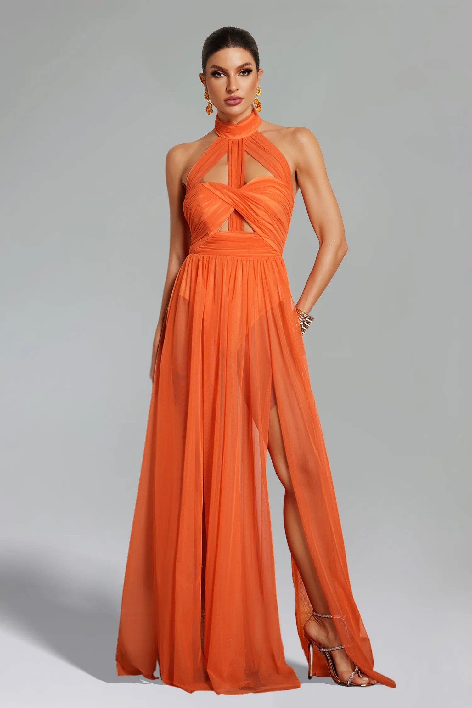 Gianna - Halterneck Twist Mesh Maxi Dress
