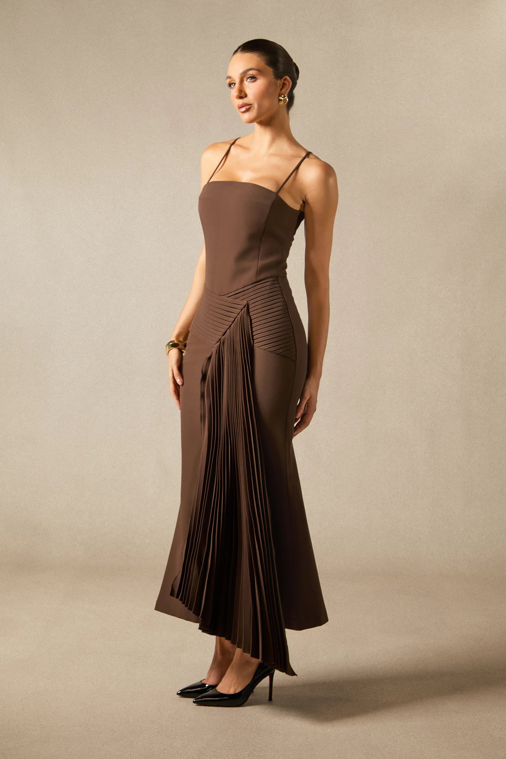 Giselle - Brown Pleated Maxi Dress