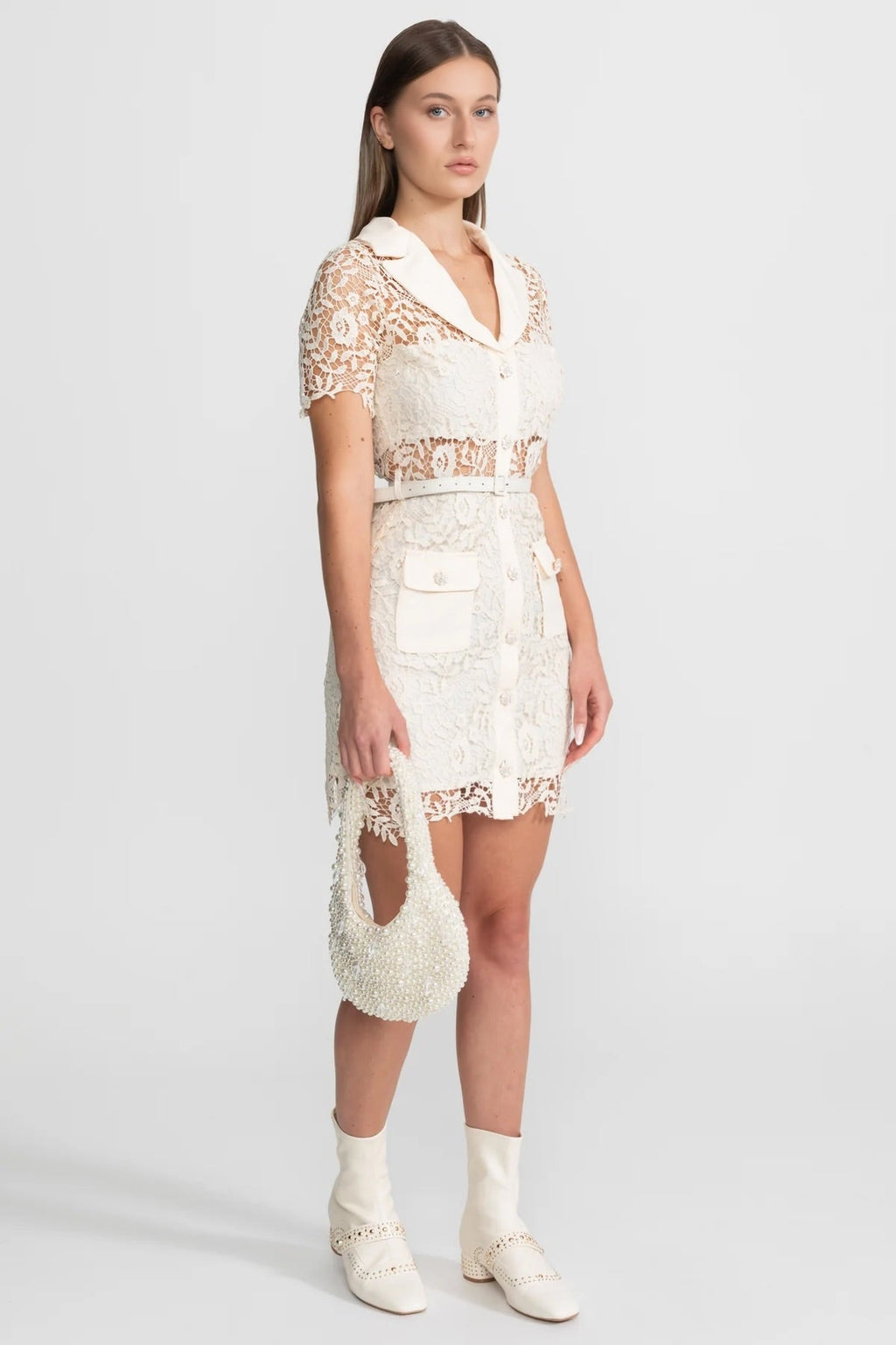 Lace Mini Dress with Contrast Collar and Jewel Buttons - Ivory