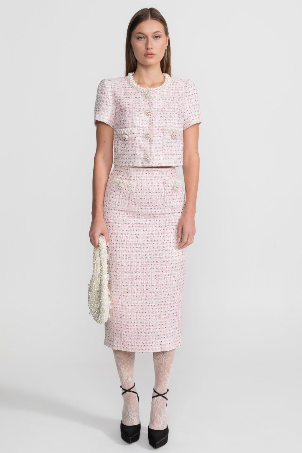 Pearl-Embellished Set With Sparkling Buttons - Pink