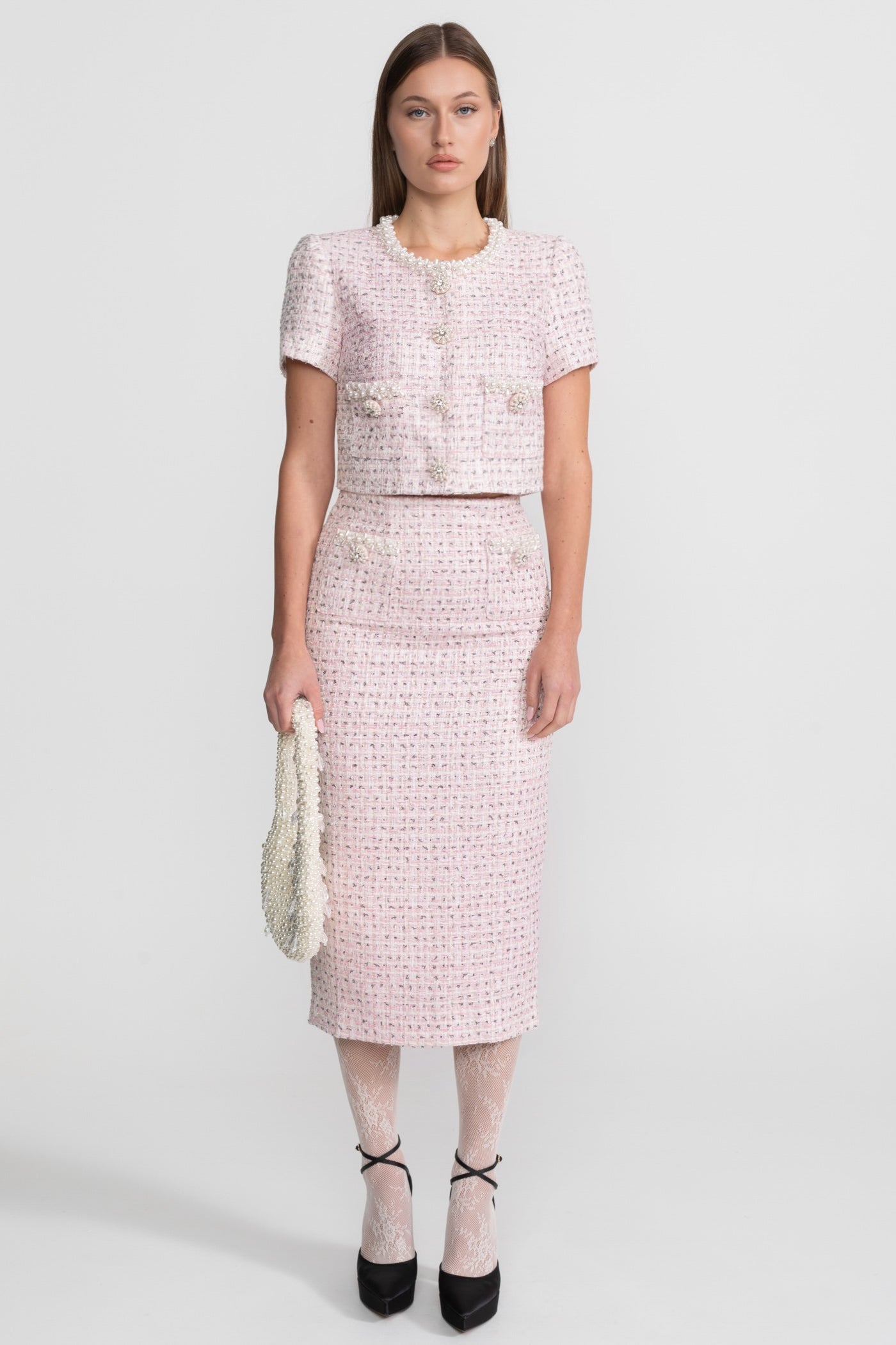 Pearl-Embellished Set With Sparkling Buttons - Pink