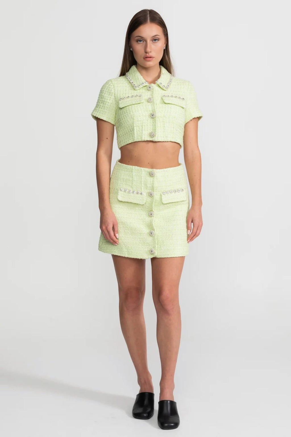 Crystal-Trim Tweed Co-ord Set  – Lime