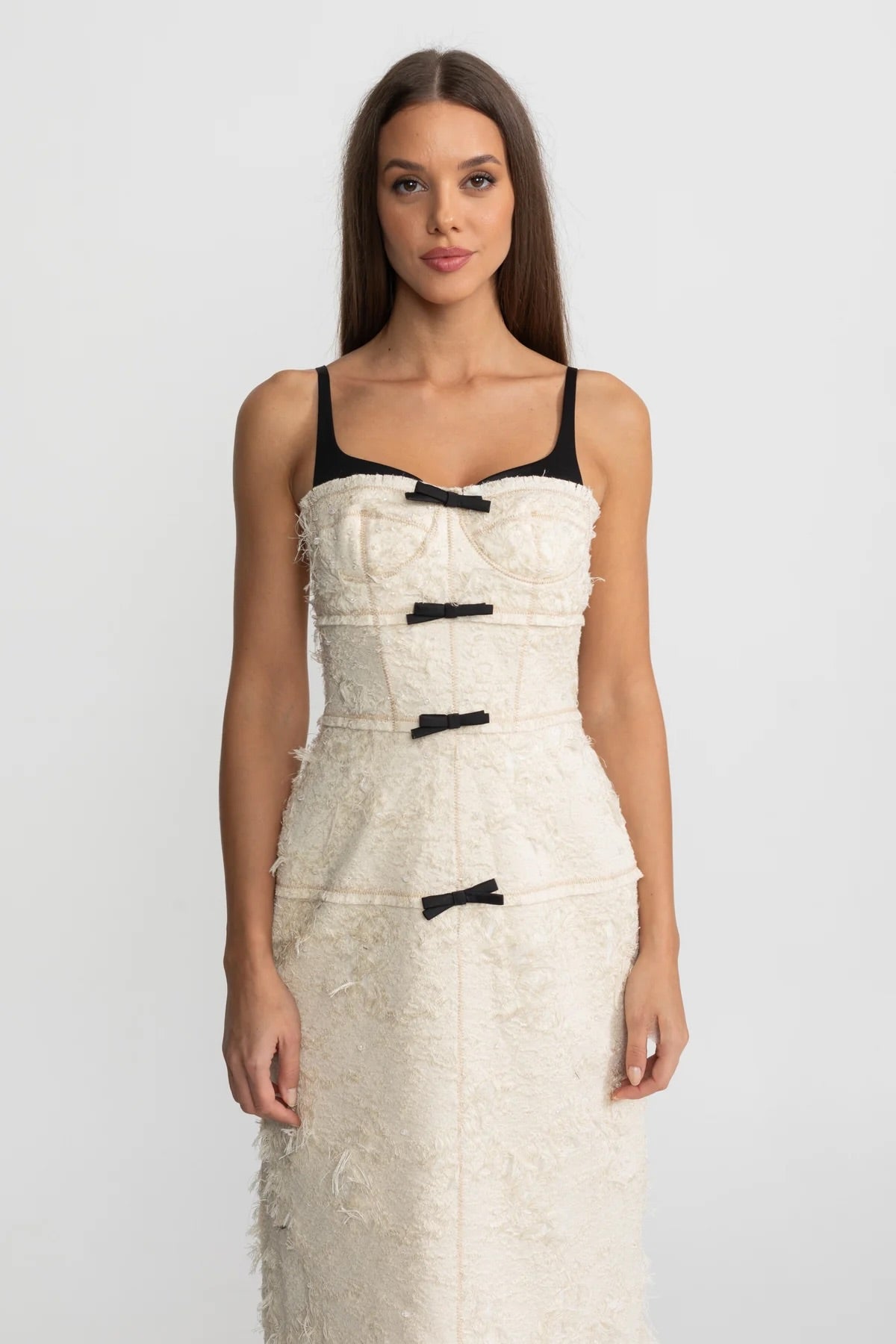 Textured Tweed Midi Dress With Contrast Straps and Bow Detailing – Ivory