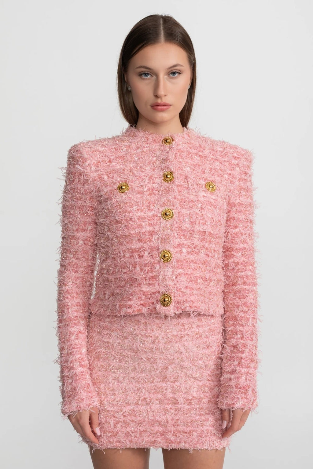 Textured Tweed Mini Dress With Gold Button Embellishments – Pink