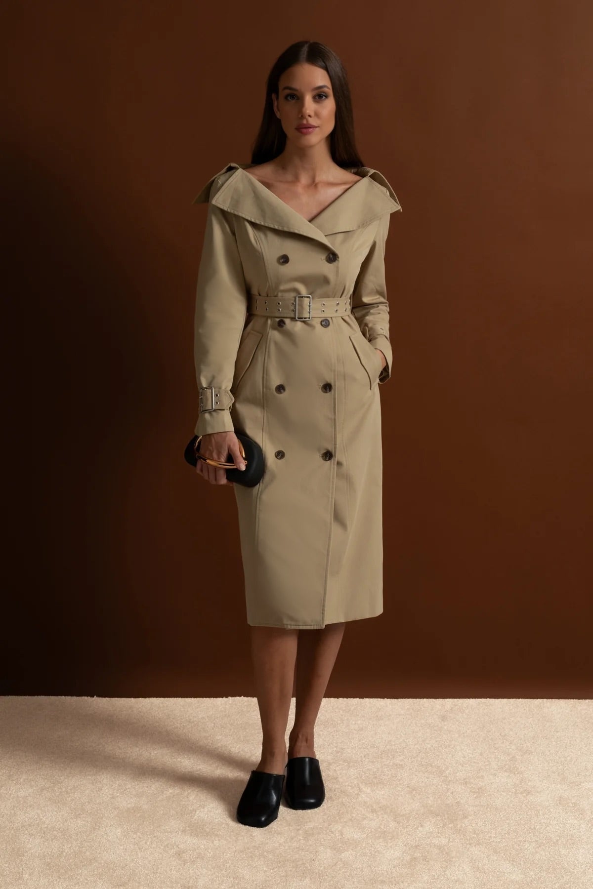 Off-Shoulder Double-Breasted Trench Coat With Belted Waist – Brown