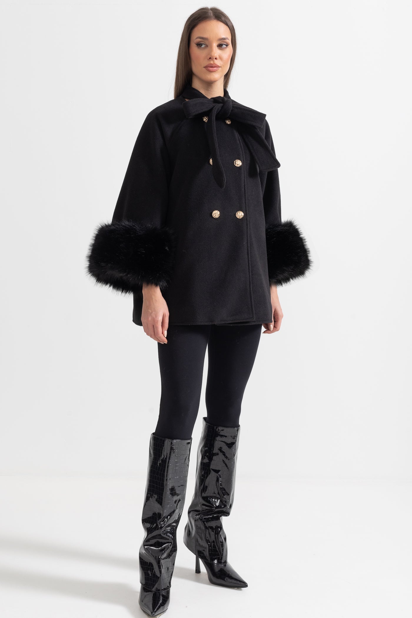 Natasha - Overcoat With Fur Cuff Accents And Neckline Ribbon - Black