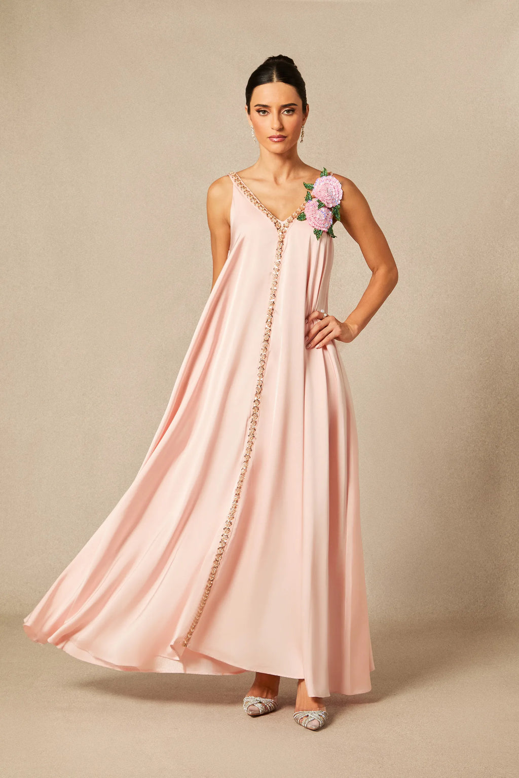 Sienna - Pink Floral Embroidered Satin Maxi Dress