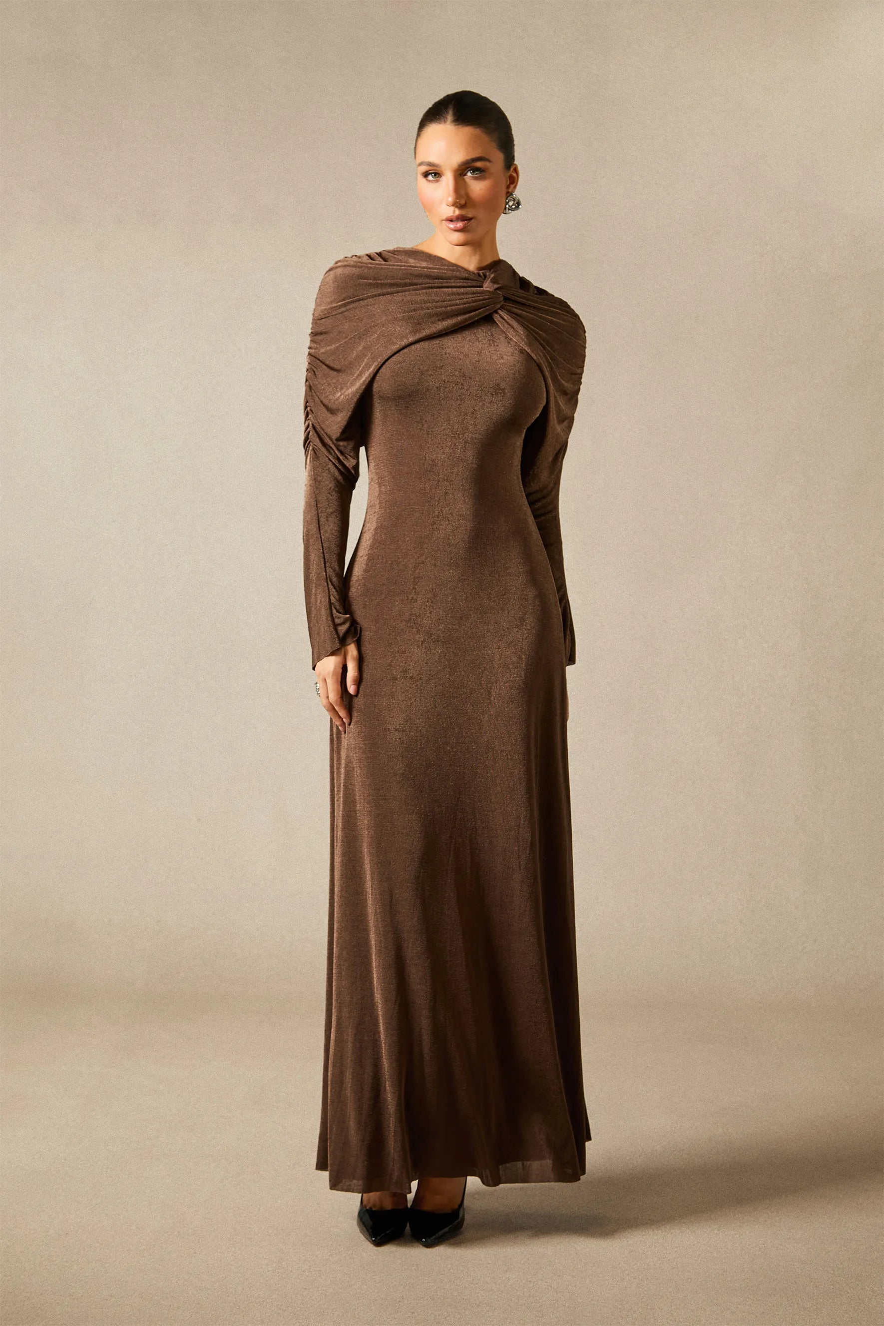 Virginia - Brown Velvet Long Sleeve Maxi Dress