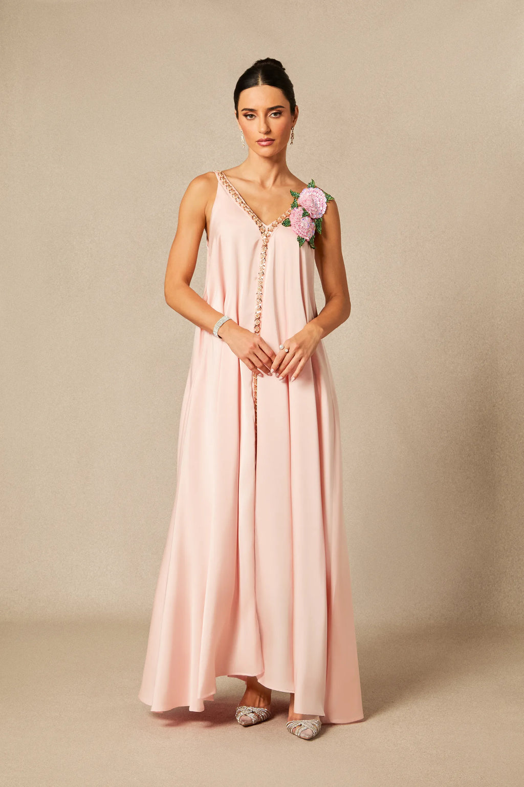 Sienna - Pink Floral Embroidered Satin Maxi Dress