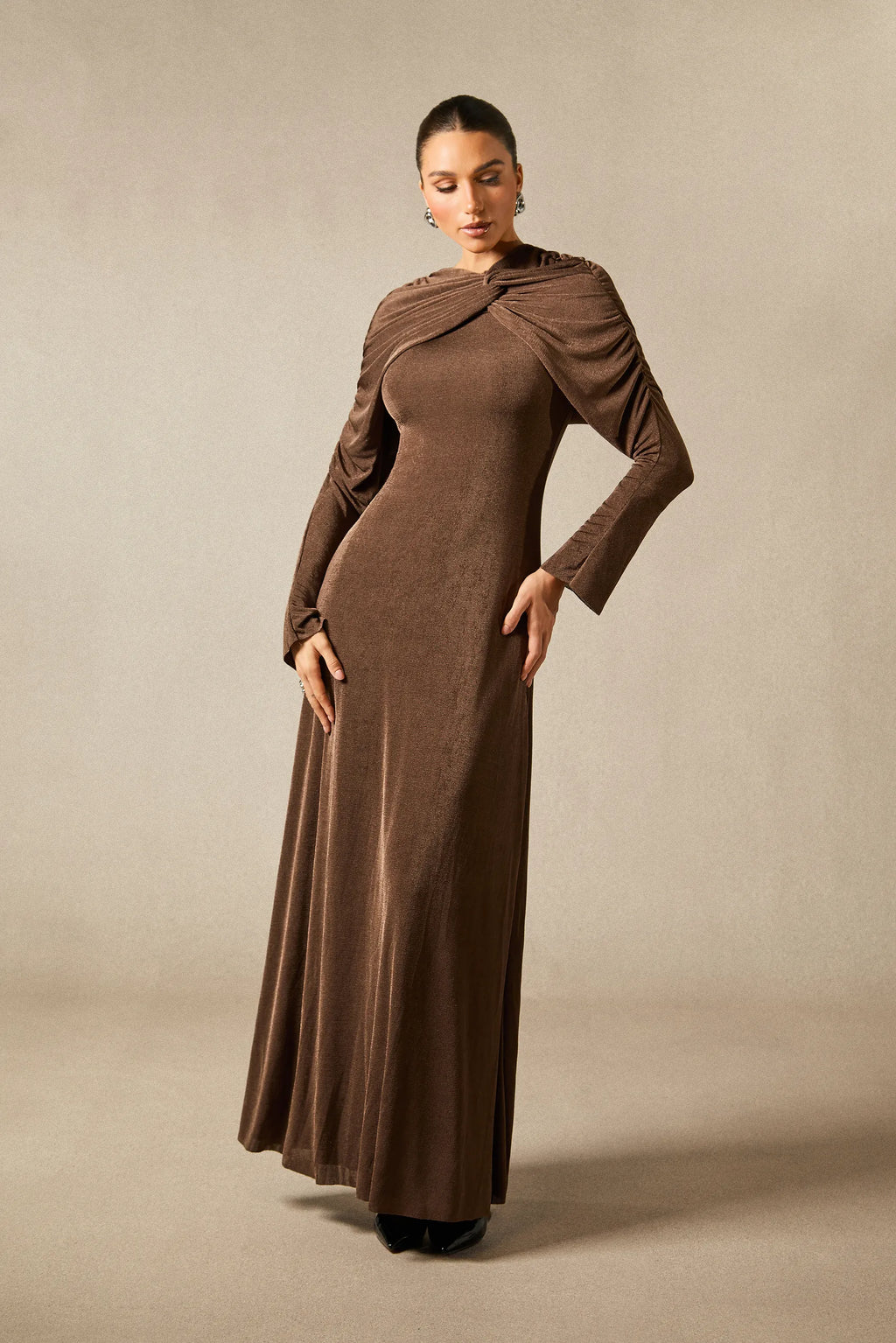 Virginia - Brown Velvet Long Sleeve Maxi Dress