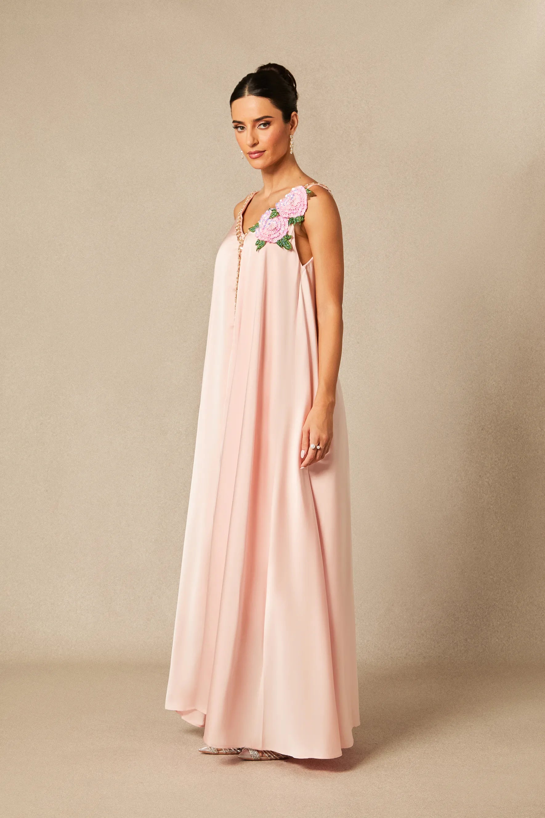 Sienna - Pink Floral Embroidered Satin Maxi Dress