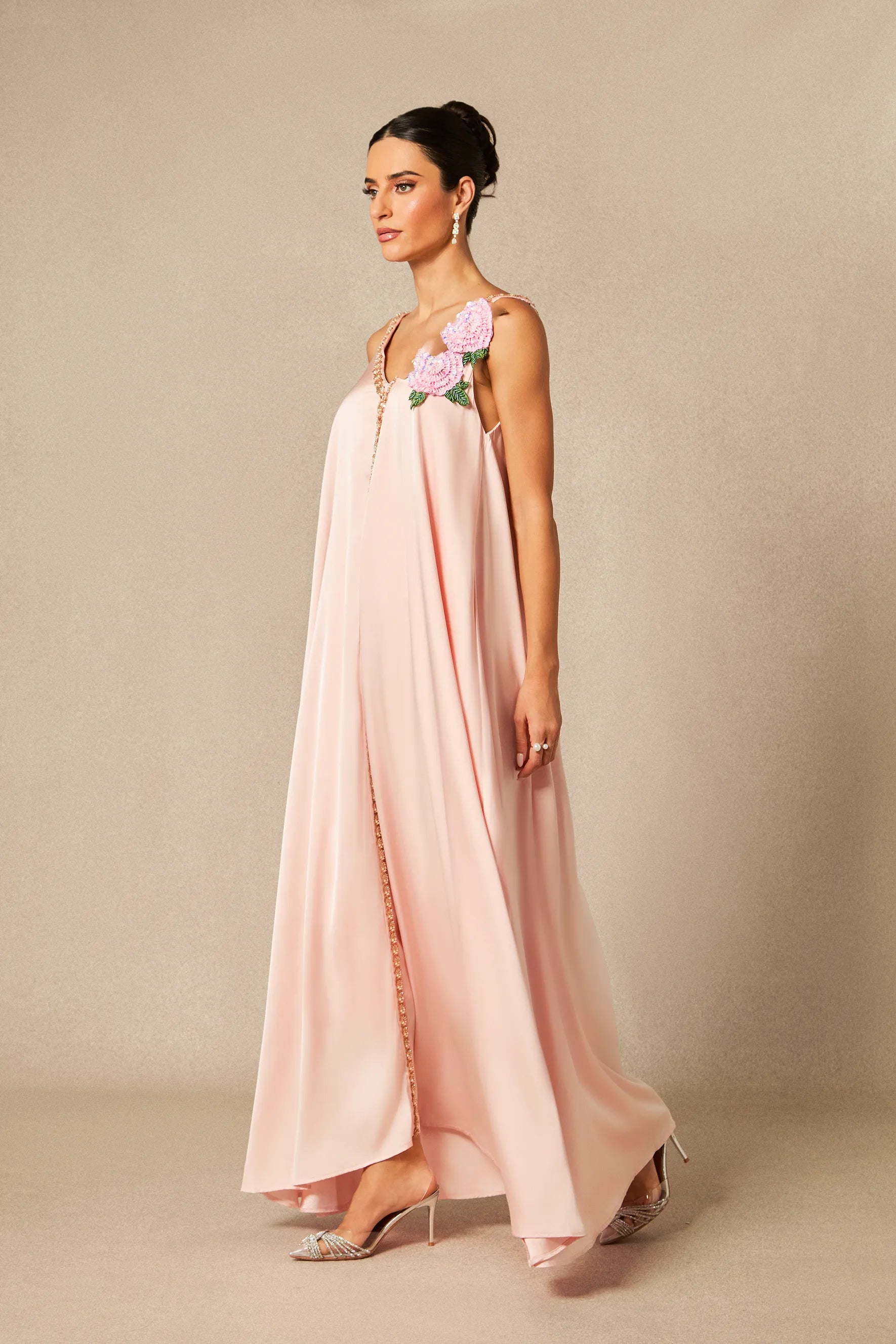 Sienna - Pink Floral Embroidered Satin Maxi Dress