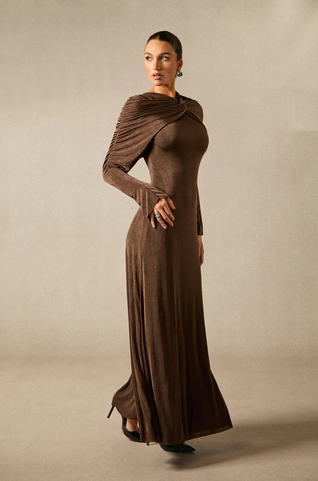 Virginia - Brown Velvet Long Sleeve Maxi Dress