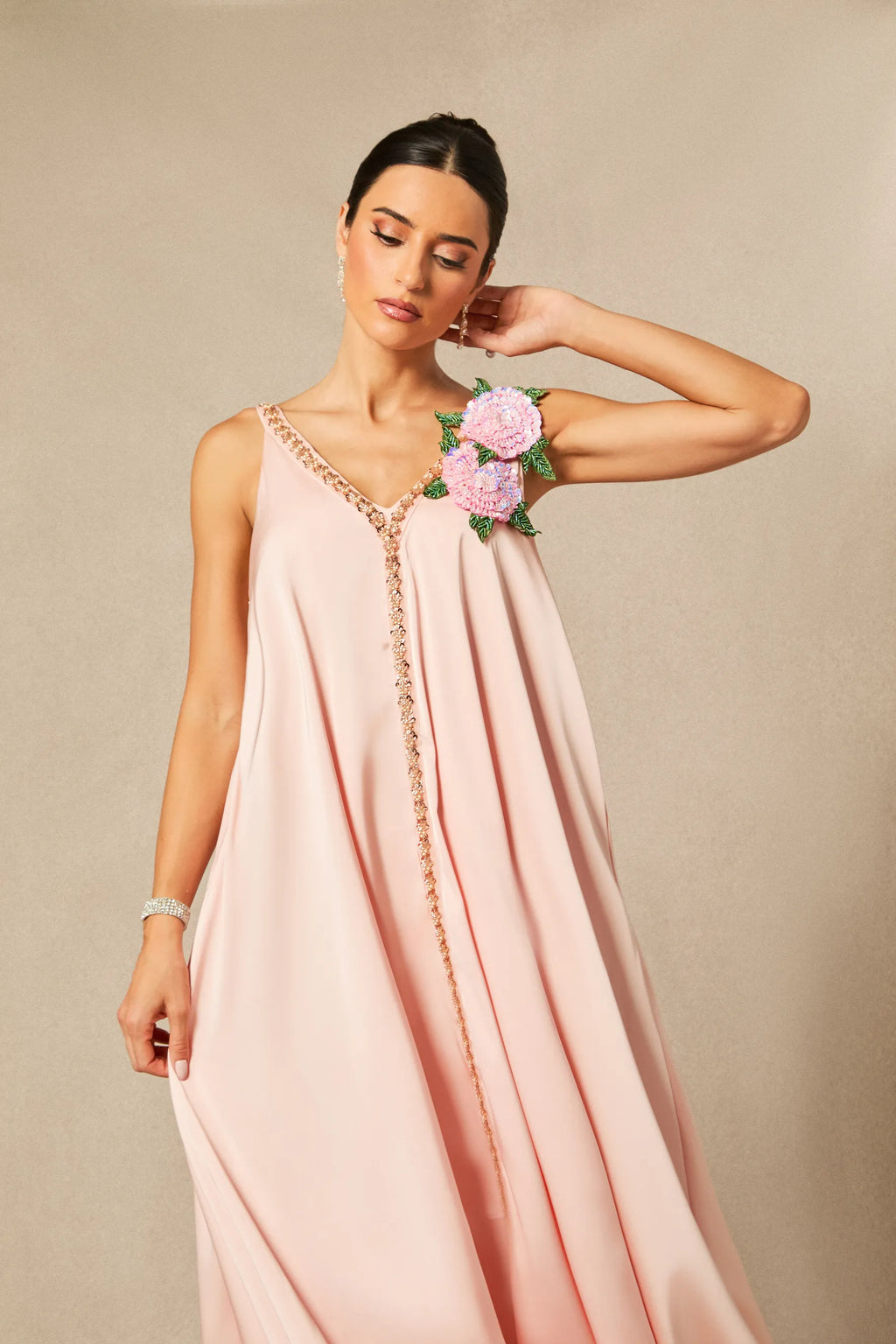 Sienna - Pink Floral Embroidered Satin Maxi Dress