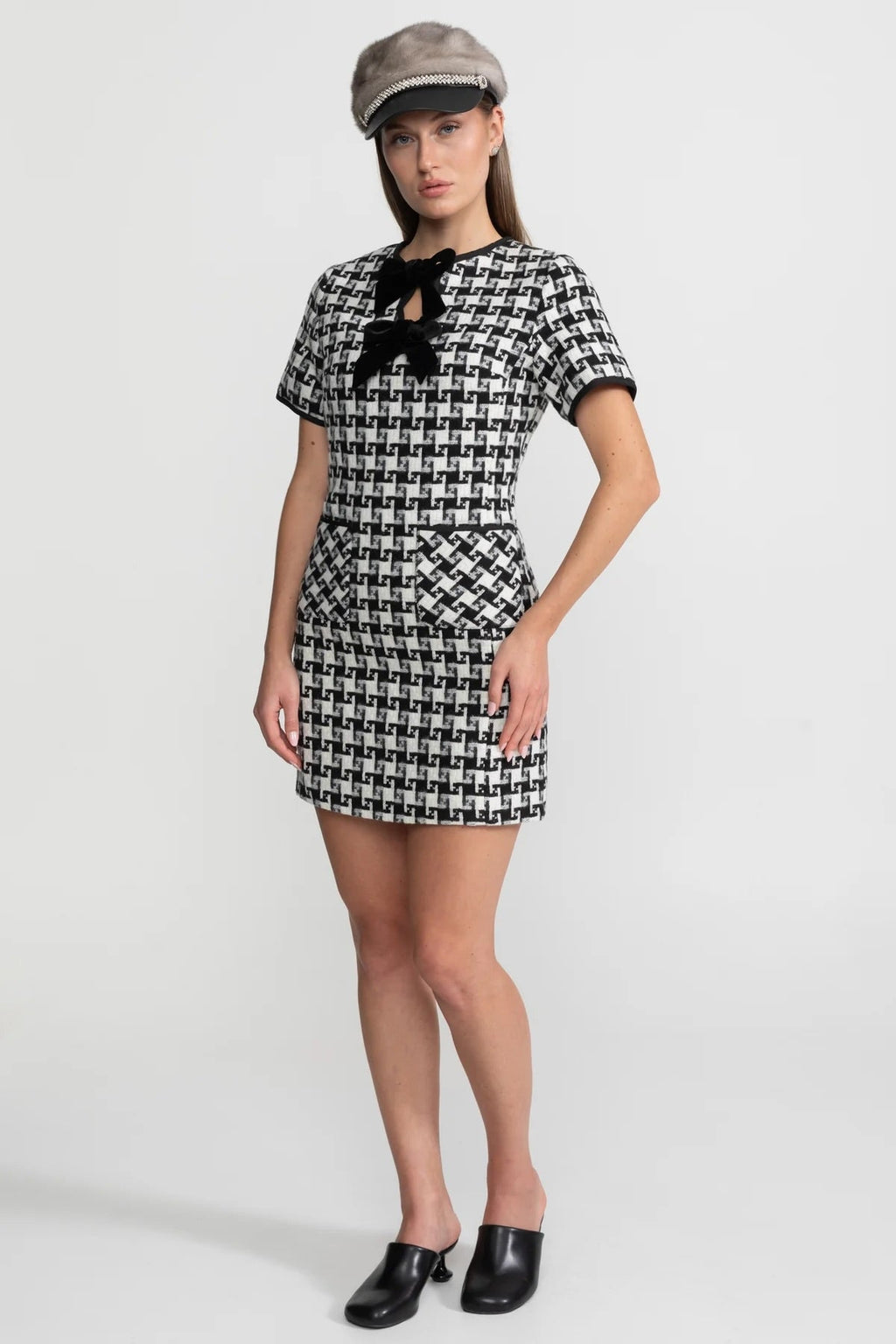 Velvet Bow Tweed Mini Dress With Check Pattern – Black And White