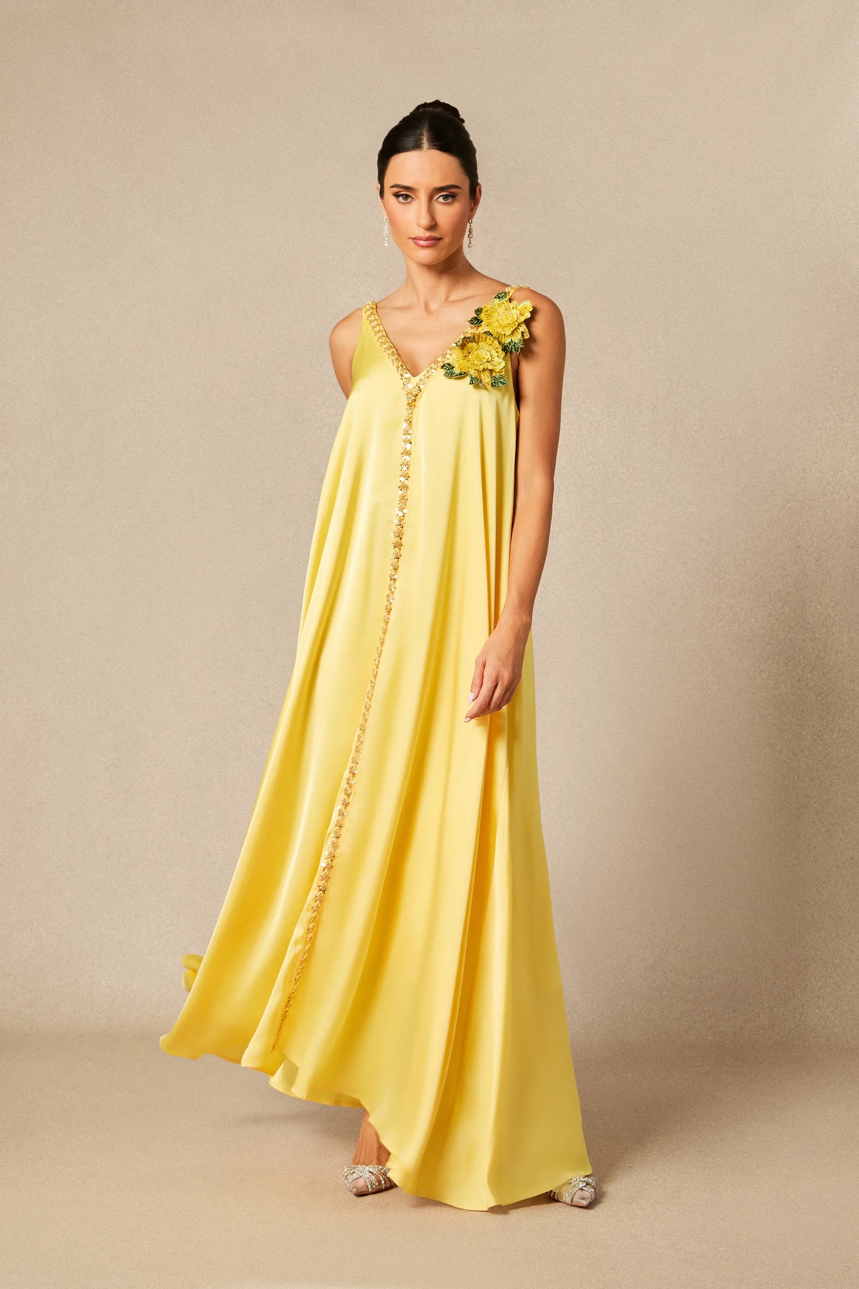 Sienna - Yellow Floral Embroidered Satin Maxi Dress