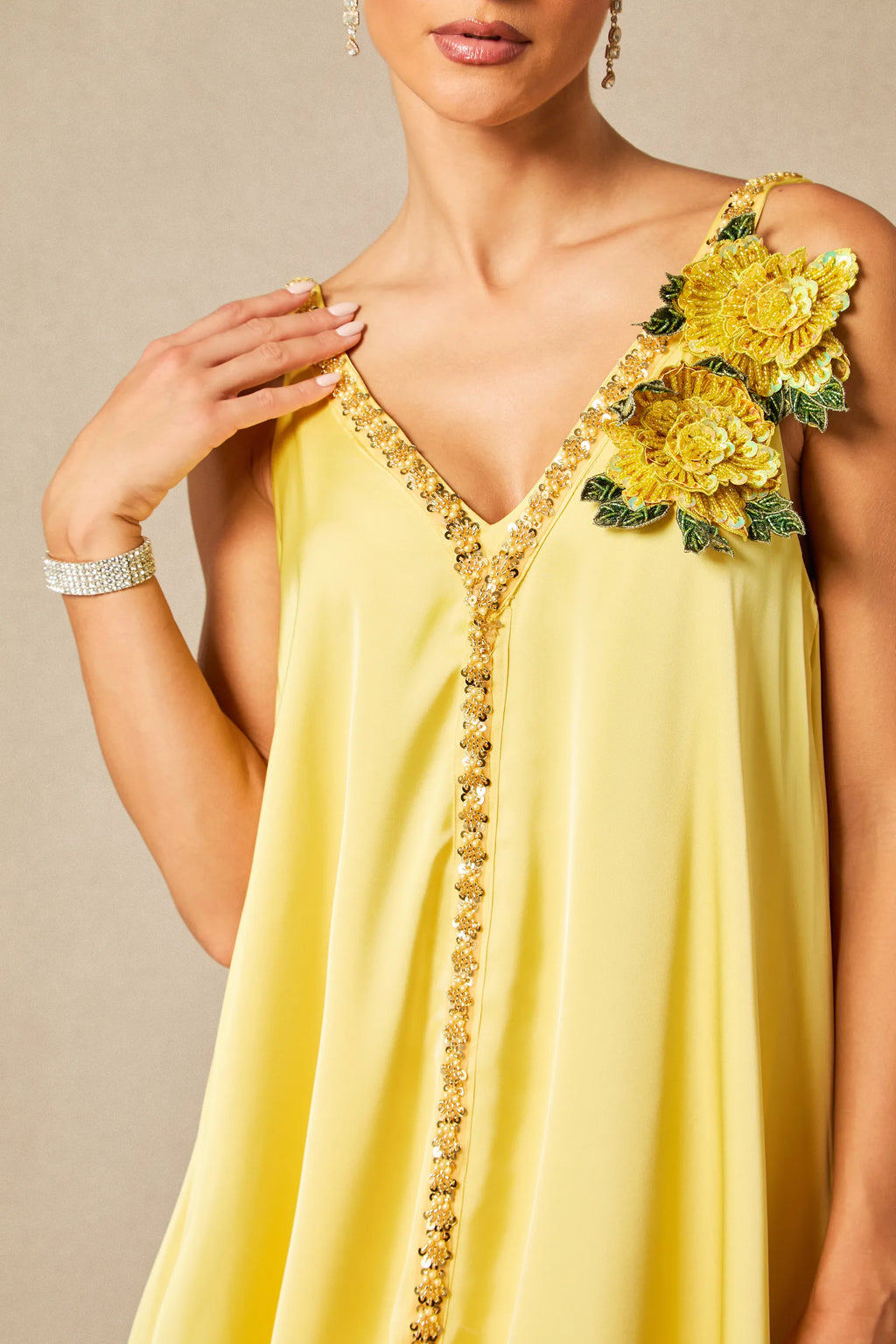 Sienna - Yellow Floral Embroidered Satin Maxi Dress