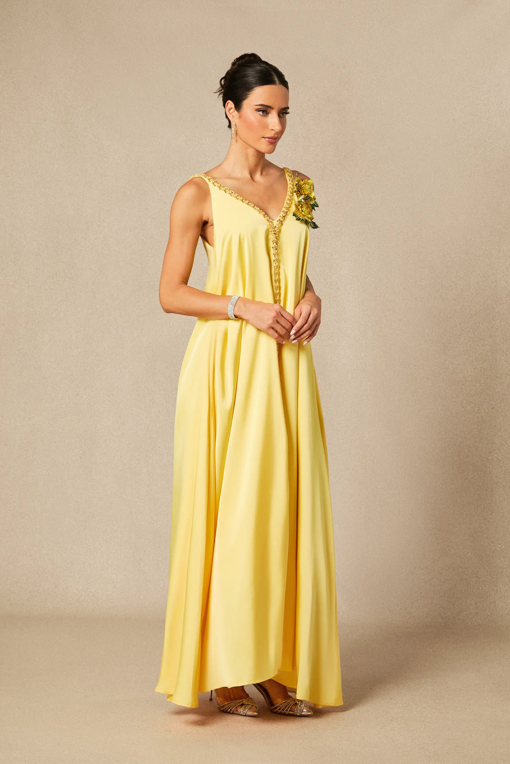 Sienna - Yellow Floral Embroidered Satin Maxi Dress