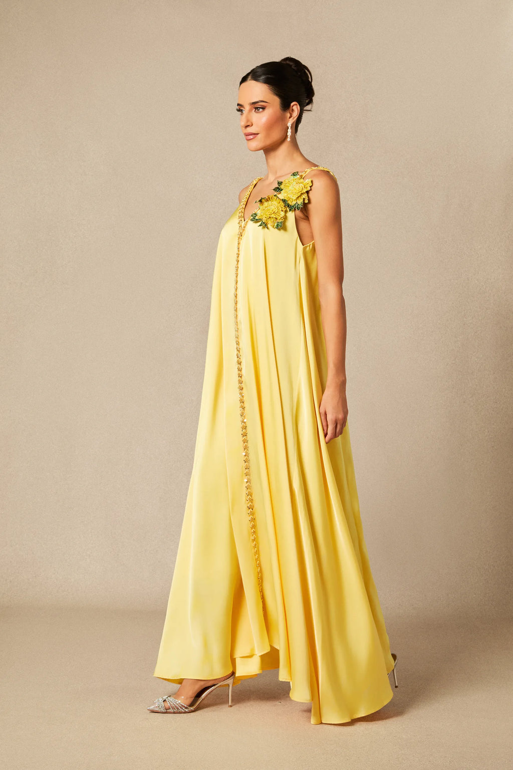 Sienna - Yellow Floral Embroidered Satin Maxi Dress