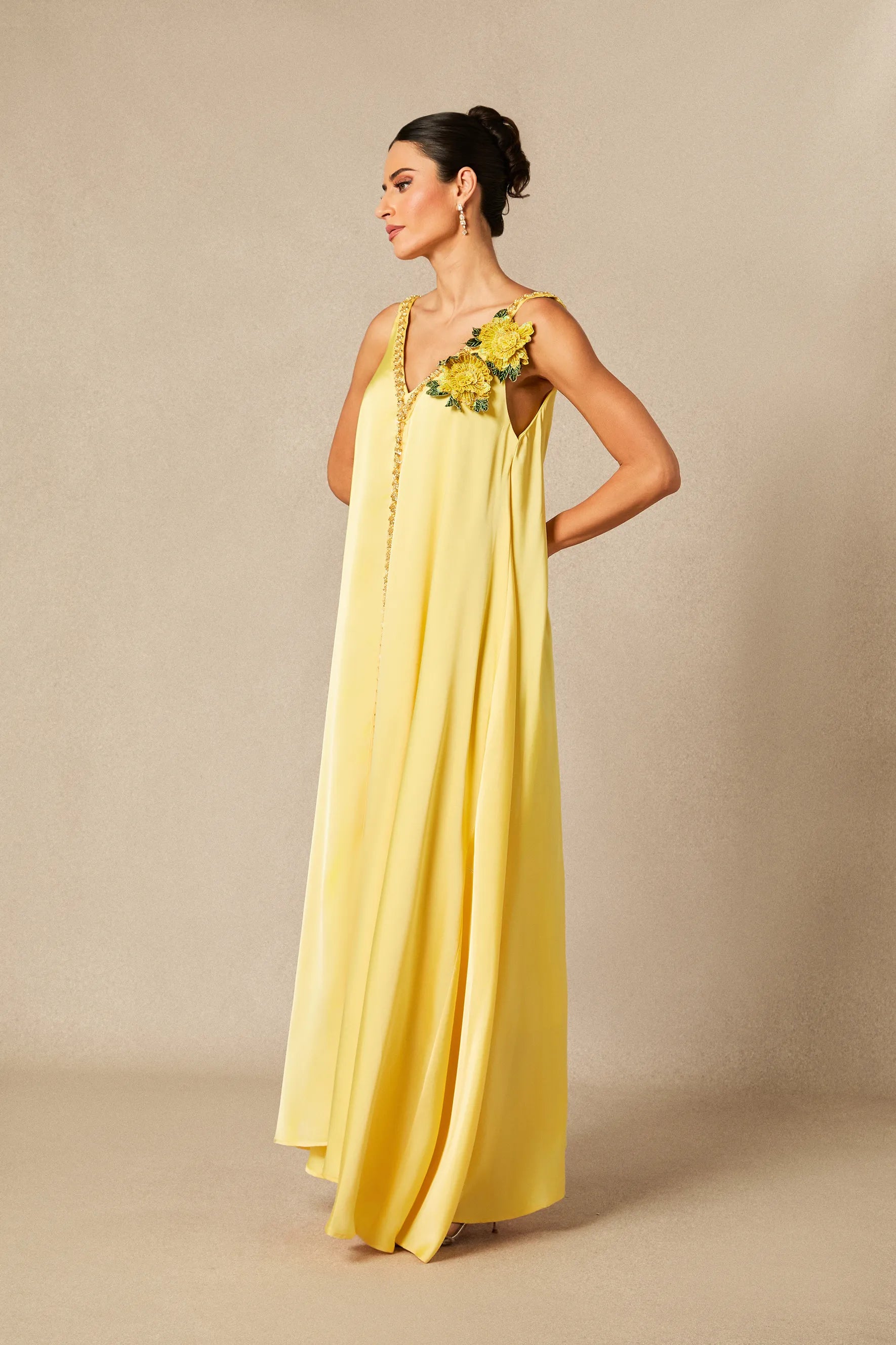 Sienna - Yellow Floral Embroidered Satin Maxi Dress