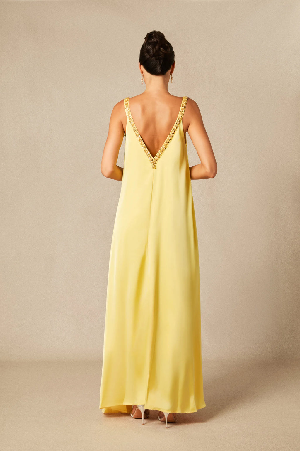 Sienna - Yellow Floral Embroidered Satin Maxi Dress