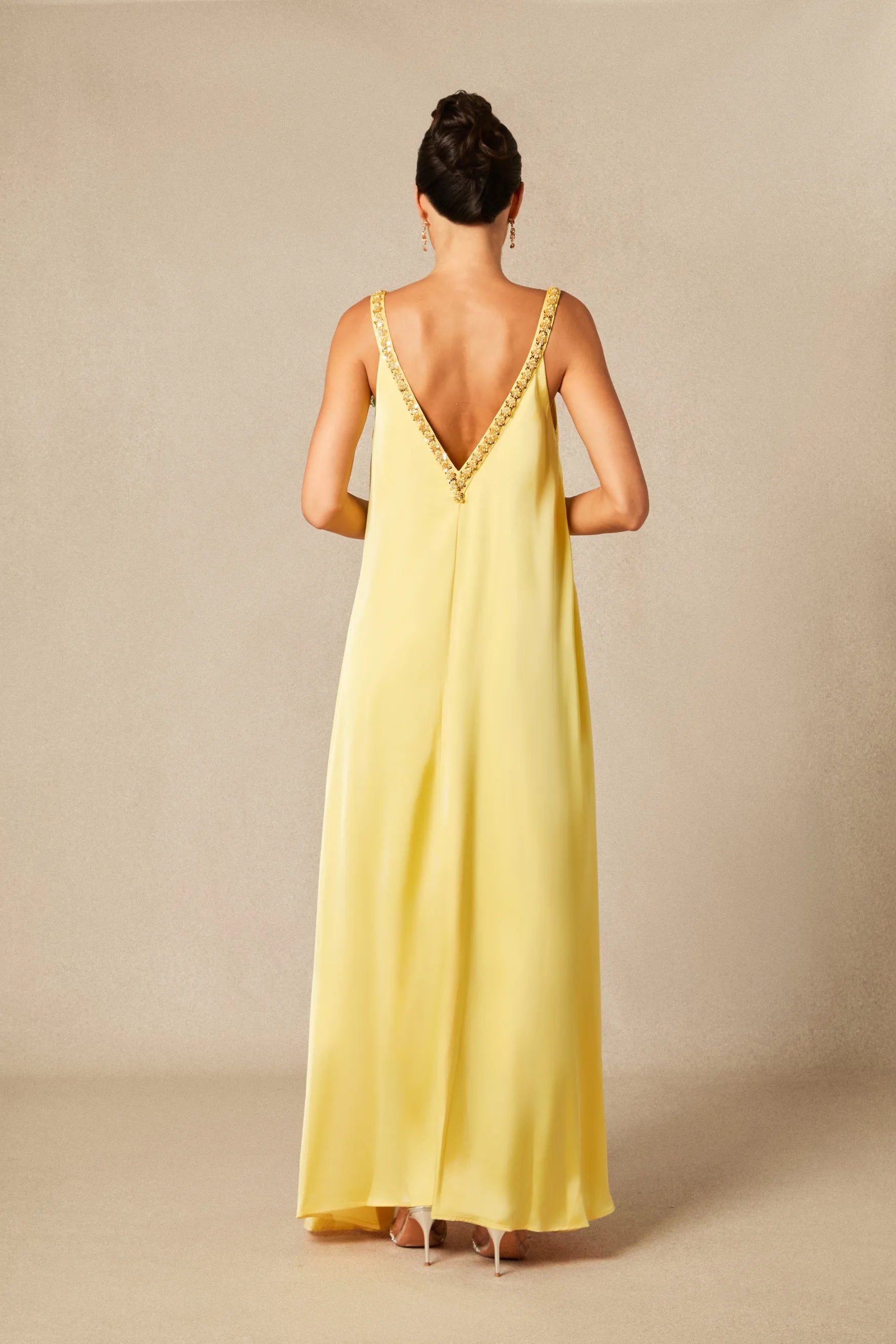 Sienna - Yellow Floral Embroidered Satin Maxi Dress