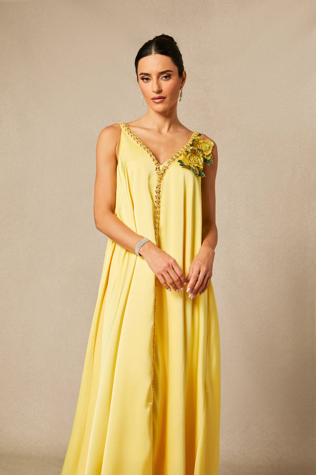 Sienna - Yellow Floral Embroidered Satin Maxi Dress