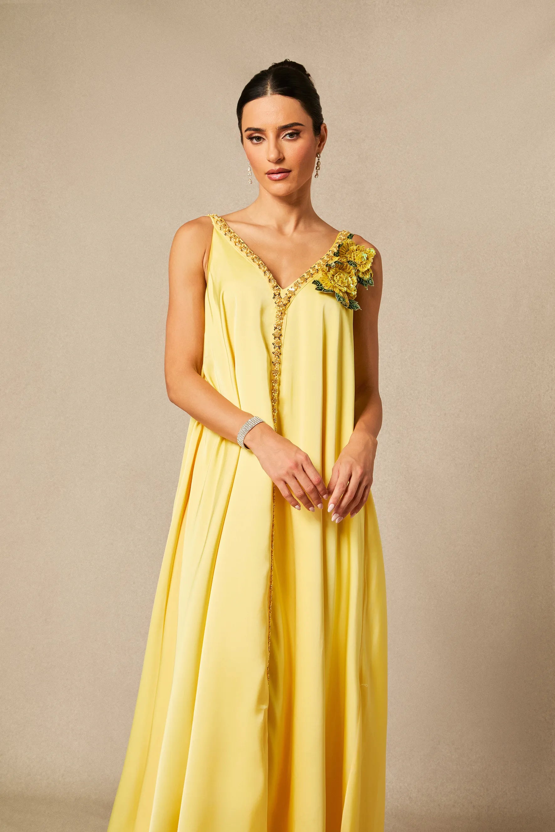 Sienna - Yellow Floral Embroidered Satin Maxi Dress