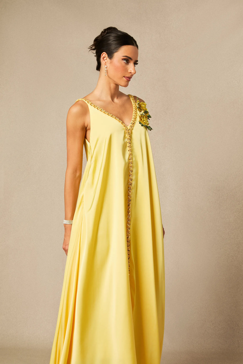 Sienna - Yellow Floral Embroidered Satin Maxi Dress