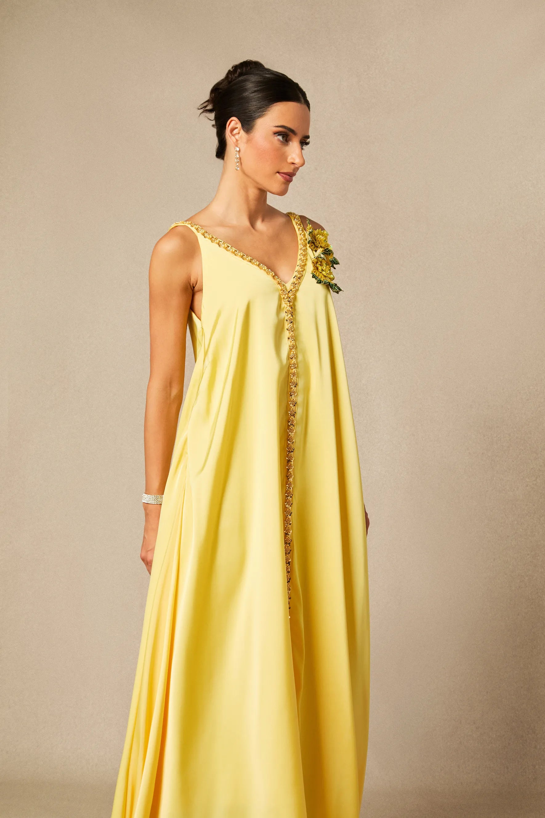 Sienna - Yellow Floral Embroidered Satin Maxi Dress