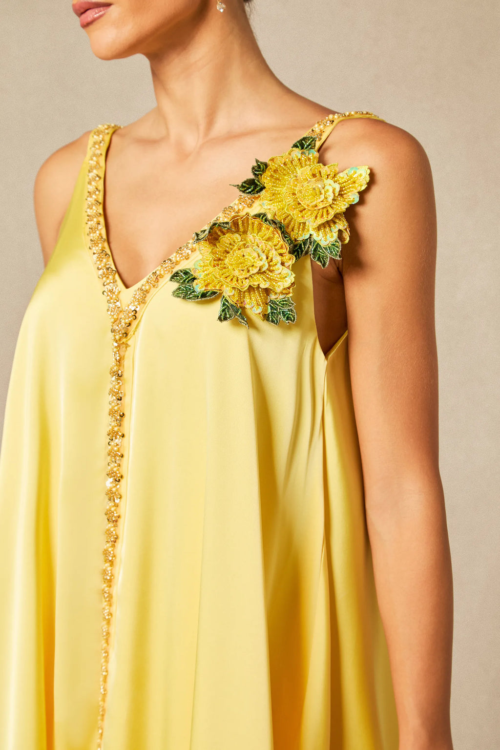 Sienna - Yellow Floral Embroidered Satin Maxi Dress