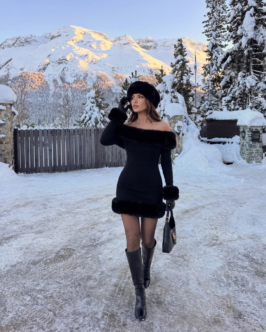 Bella Black Off-Shoulder Mini Dress with Fur Trim