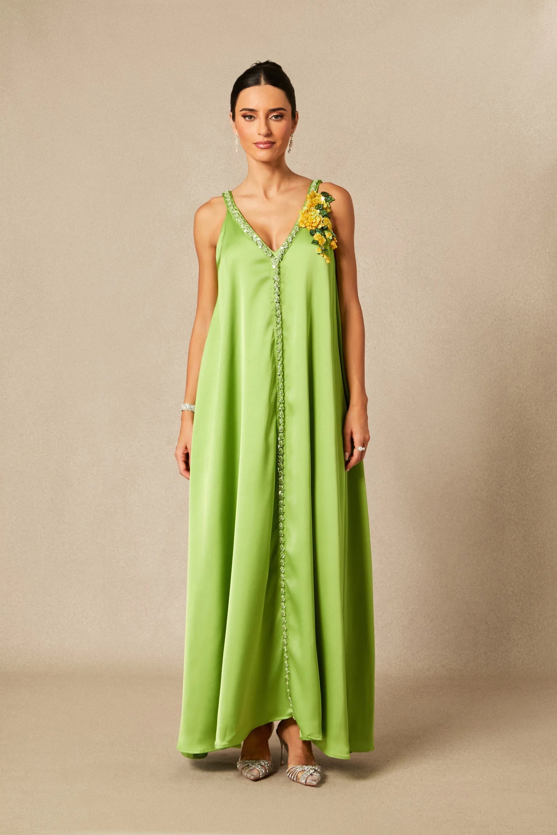 Sienna - Green Floral Embroidered Satin Maxi Dress