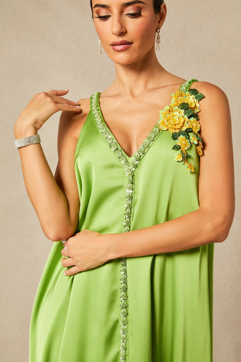 Sienna - Green Floral Embroidered Satin Maxi Dress