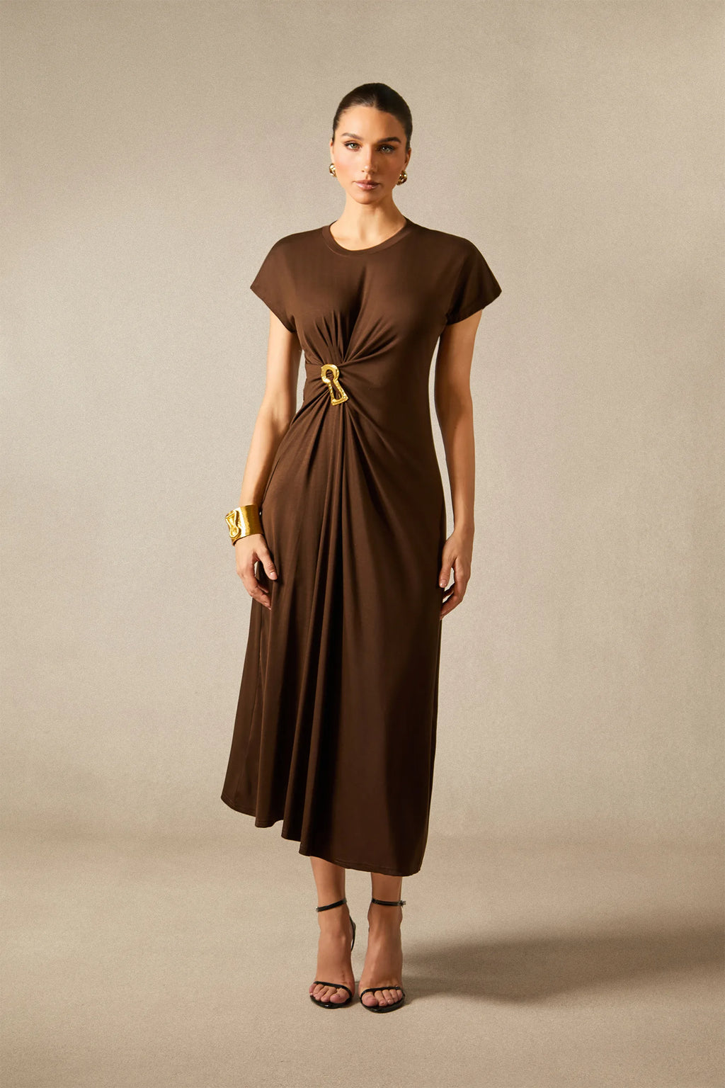 Bonnie - Short Sleeve Brown Midi Dress
