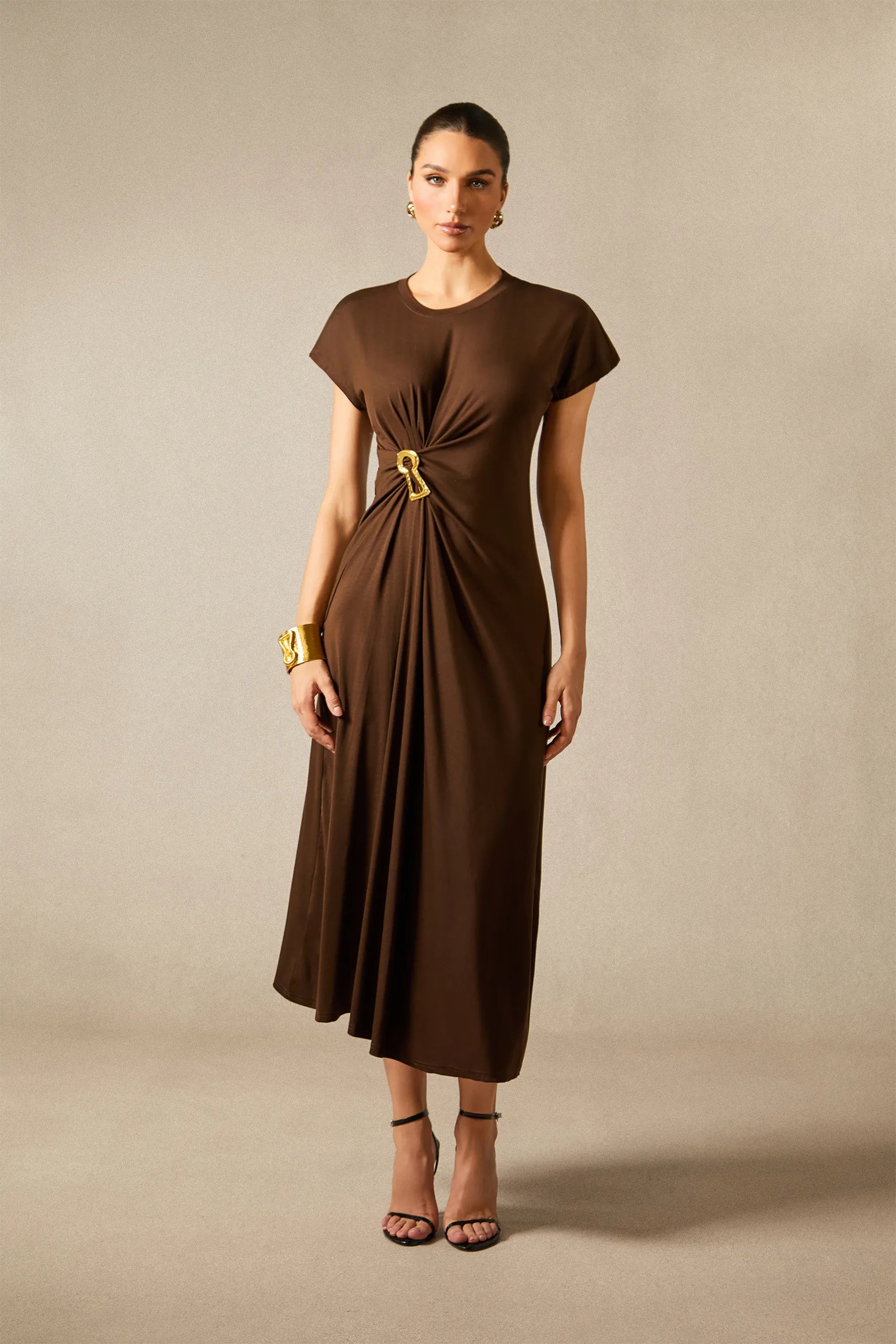 Bonnie - Short Sleeve Brown Midi Dress