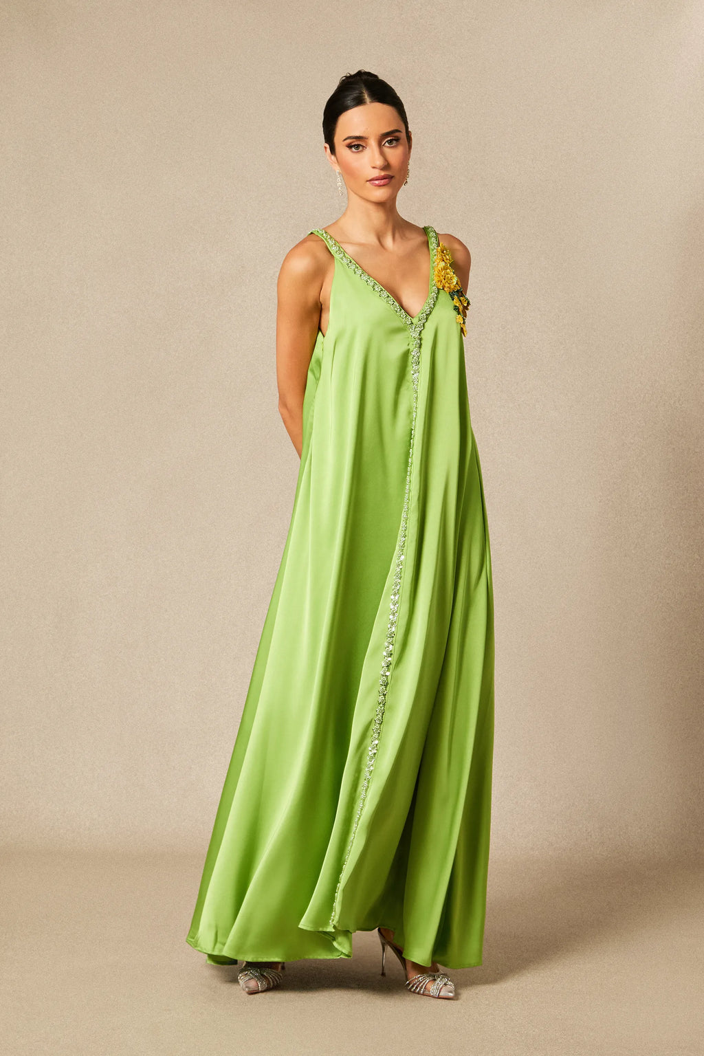 Sienna - Green Floral Embroidered Satin Maxi Dress