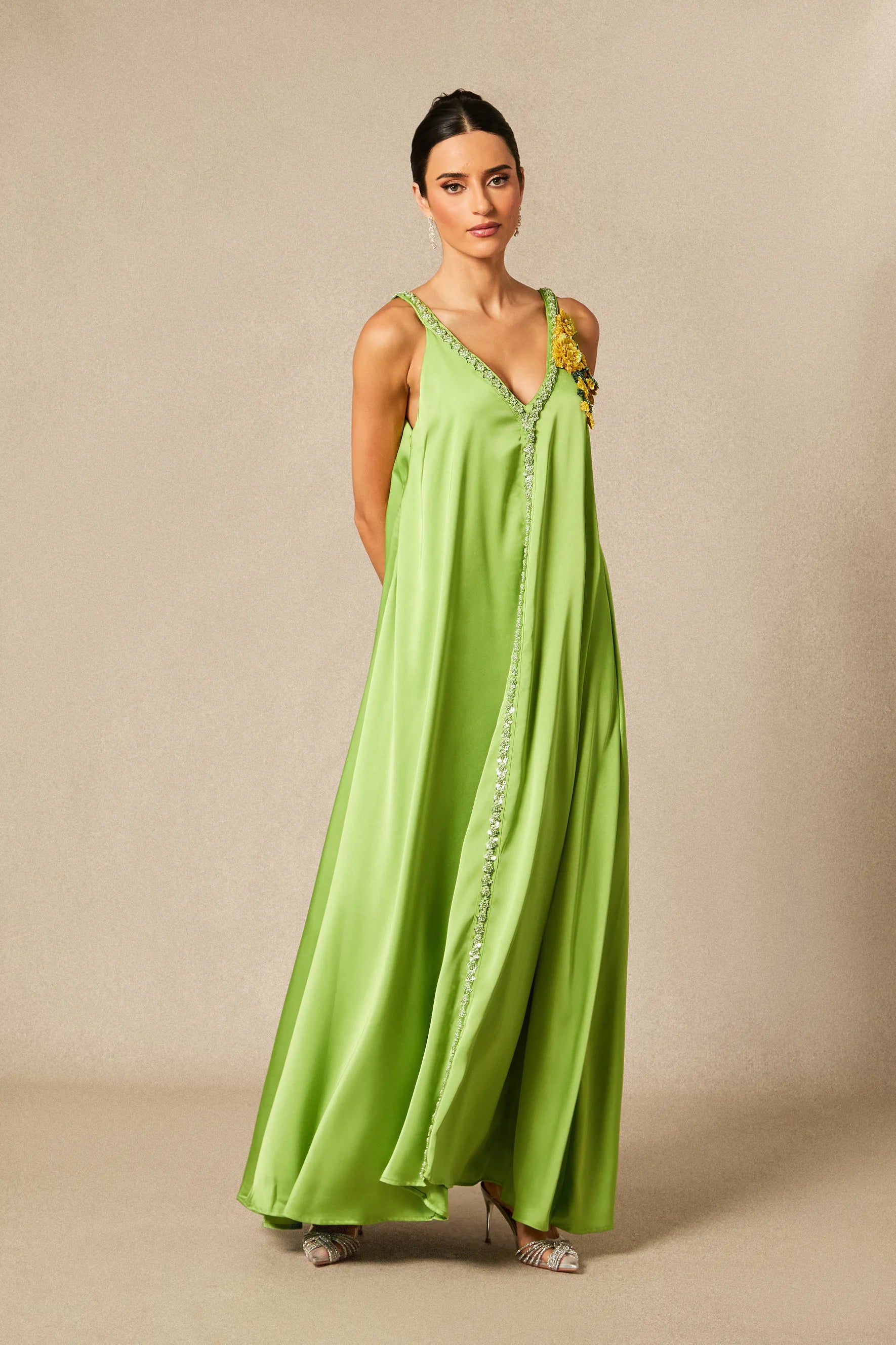 Sienna - Green Floral Embroidered Satin Maxi Dress